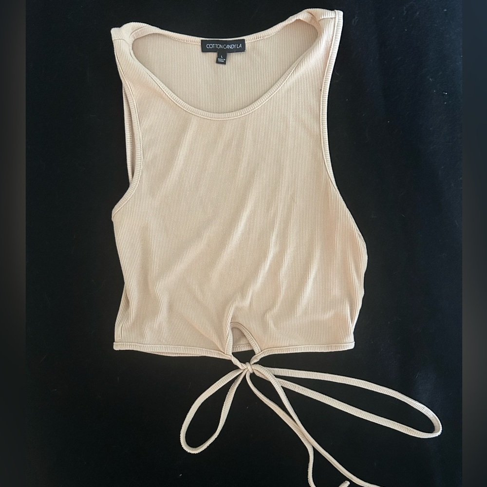 Cream Tie-Front Ribbed Tank Top